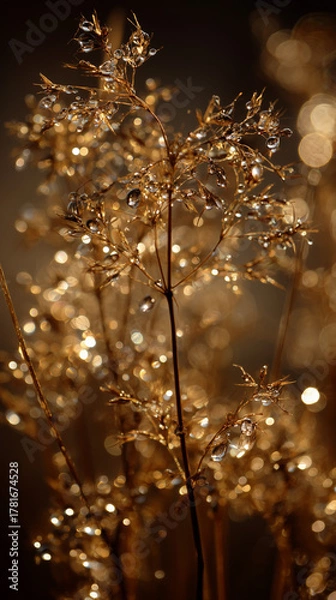 Fototapeta golden foliage dew drops blurry background unfocused backdrop mobile vertical format wallpaper gold glitter sparkle