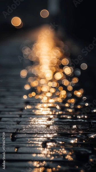 Fototapeta water reflection in water on cobblestone street vertical mobile background gold blue