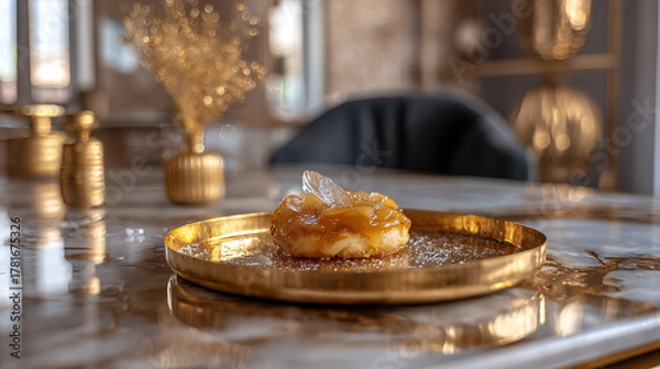 Obraz A beautifully presented dessert sits on a golden tray, featuring caramelized fruit, on an elegant marble table in a stylish restaurant filled with soft lighting and decor.