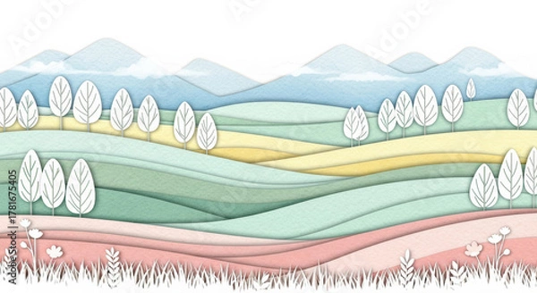 Fototapeta Pastel landscape rolling hills paper cut style white tree mountain soft color spring peaceful nature decorative whimsical. Pastel landscape with rolling hills white trees and mountains paper cut
