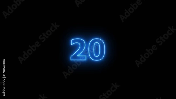 Obraz Glowing blue Neon number 20 on black background. 20 number countdown timer 4k image.