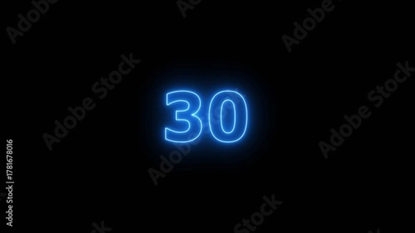 Fototapeta Glowing blue Neon number 30 on black background. 30 number countdown timer 4k image.