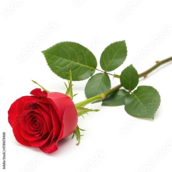 Fototapeta A single red rose with green leaves and stem on a white background