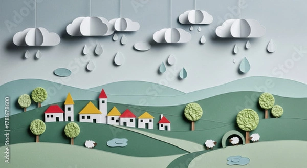 Fototapeta Paper art landscape village green hill tree cloud rain sheep whimsical colorful peaceful creative and playful scene with layered textures and soft colors