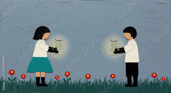 Fototapeta Two children holding glowing jars with fireflies, standing on grass with red flowers, facing each other, painted in textured, whimsical style, evoking sense of wonder and innocence