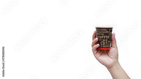 Obraz hand holding a coffee paper cup isolated on white background.