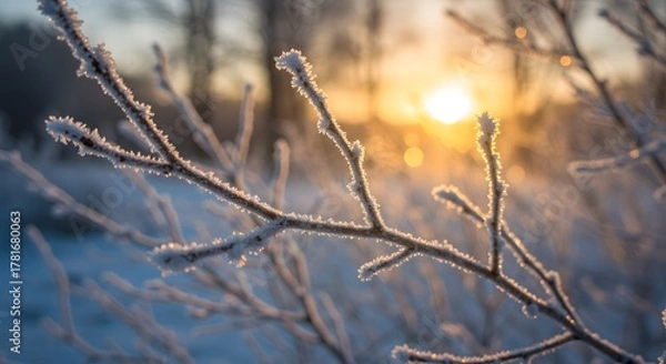 Fototapeta Frosty tree branches glowing in the winter morning sunrise.