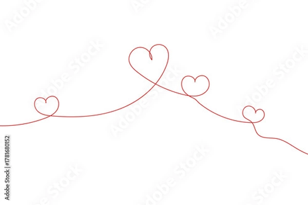 Fototapeta Red thread forming multiple hearts continuous line design, line love design