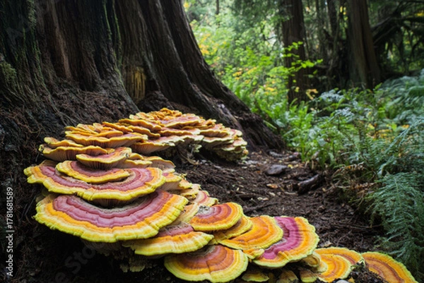 Fototapeta mystical woodland where colorful mushrooms grow in spirals along ancient tree trunks