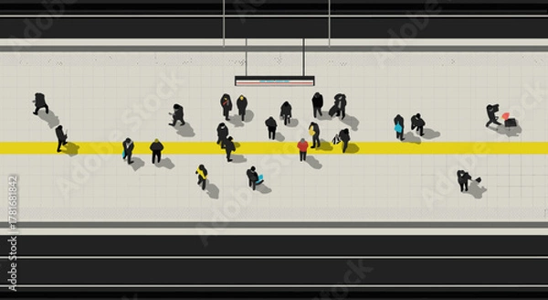 Obraz An overhead view captures a diverse group of commuters waiting patiently on a busy urban subway platform, highlighting the daily rush of city life.