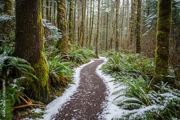 Obraz narrow path winding through snow-draped woodland, inviting wanderers into serene winter escape