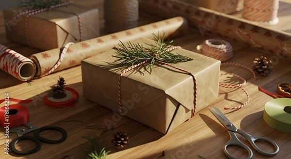 Fototapeta Gift wrapping with natural materials and tools on a wooden table in warm sunlight.