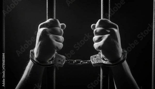 Fototapeta Close-up of handcuffed hands gripping prison bars in a dark, somber setting, symbolizing confinement and justice.