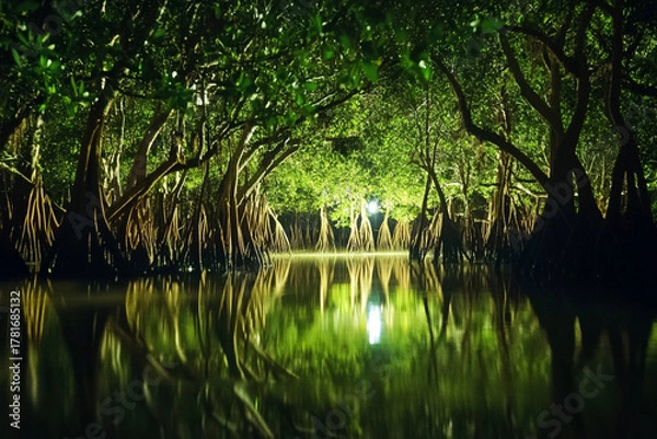 Obraz night-time view of the mangroves, where the call of exotic creatures fills the air