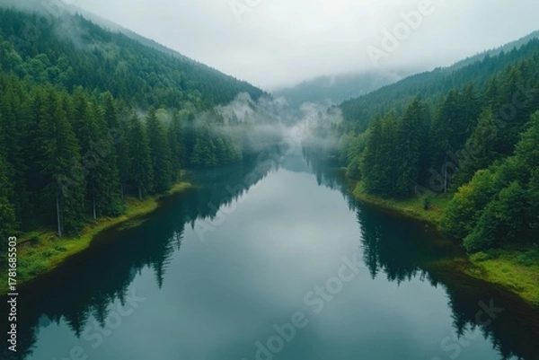 Fototapeta Mountain river flowing through green forest valley under cloudy sky