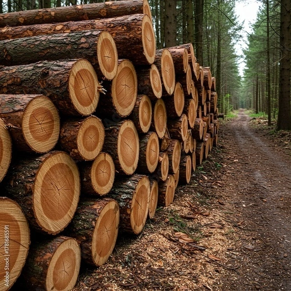 Fototapeta Detailed view of freshly cut hardwood logs stacked tightly near a forest path, showing the textured bark and annual rings, ready for transport ,woodland ,management ,natural
