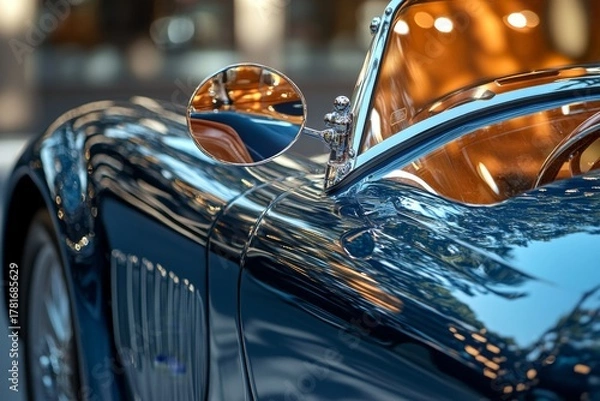Fototapeta Close up of a classic vintage car with shiny chrome and warm reflections