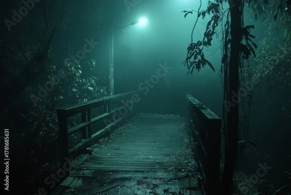 Fototapeta Dark misty forest path with mysterious moody atmosphere at night