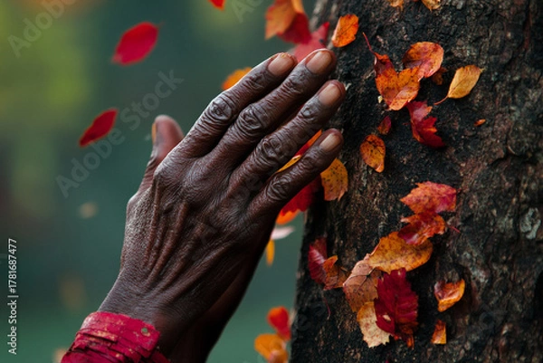Fototapeta pair of hands pressing against tree as red and gold leaves fall