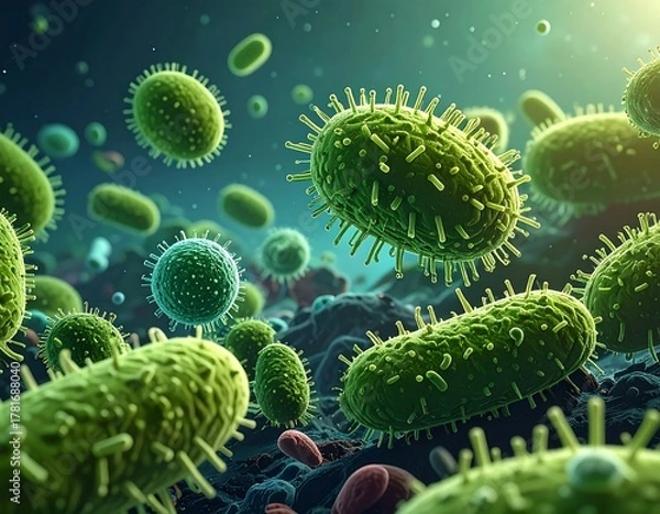 Fototapeta Microscopic view of various bacteria with a blue and green palette