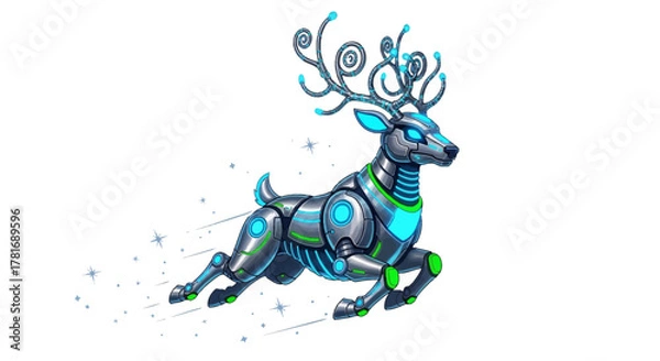 Fototapeta Futuristic cybernetic reindeer leaps with glowing neon accents and swirling antlers against a clean white background, evoking innovation and fantasy