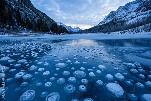 Fototapeta Patterns of trapped air bubbles in frozen alpine lake