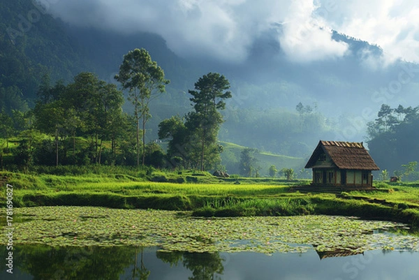 Fototapeta peaceful countryside landscape where lotus pond flourishes in the heart of nature