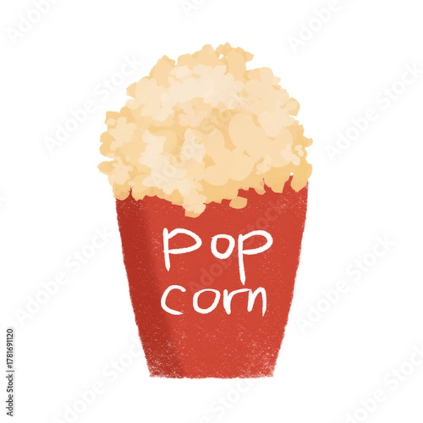 Fototapeta Hand-drawn watercolor style illustration of popcorn in a red paper cup with handwritten text “popcorn.” Simple and cute food clipart perfect for snack themes, cinema posters, cafe menus, kids design