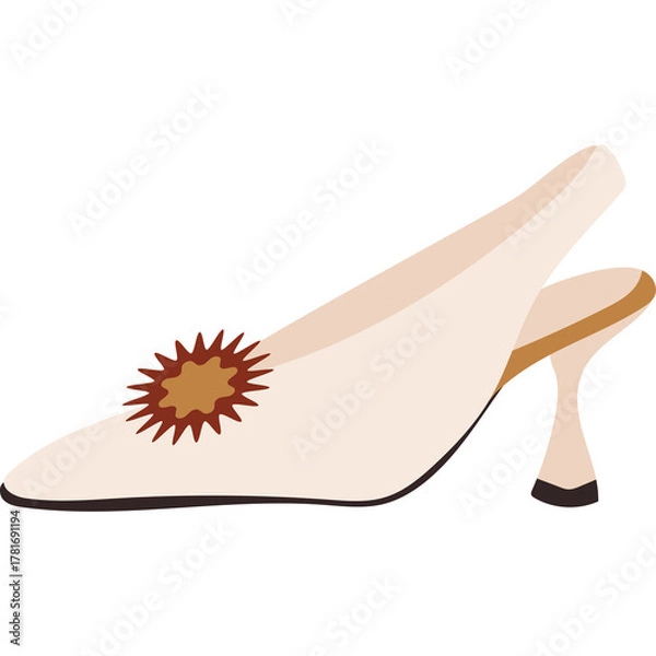 Fototapeta Elegant Off White Slingback High Heel Shoe with Starburst Embellishment on Toe and Thin Stiletto Heel Isolated on White Background