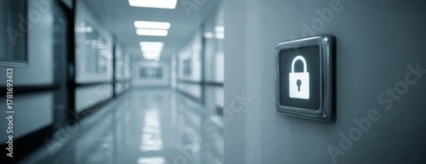 Fototapeta Security lock button on wall in healthcare corridor with blue tones  