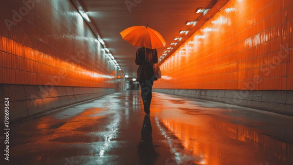 Fototapeta Woman walks in a bright orange tunnel with an umbrella, created AI