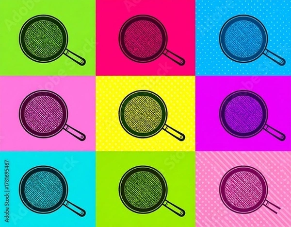 Fototapeta Nine-panel pop art illustration of a magnifying glass on vibrant backgrounds