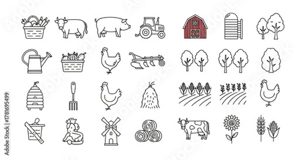 Obraz A grid of farm-themed line icons including animals like cows and chickens, buildings like a red barn and silo, tools like a tractor and plow, and agricultural elements like hay and crops.