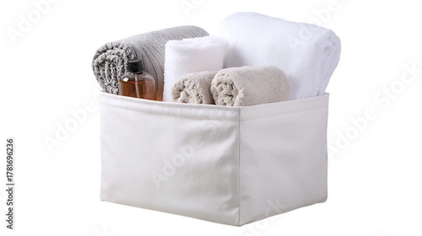 Fototapeta White storage basket filled with towels and toiletries isolated on transparent background