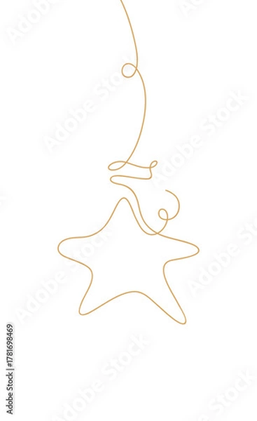 Fototapeta Hanging Christmas tree toy, vector line illustration, flat design. Festive background graphic New Year's golden element isolated on white for design, decoration, postcard, poster with a place for text