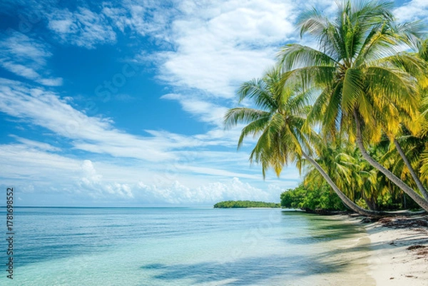 Fototapeta peaceful tropical bay where palm trees stretch towards the endless blue sky