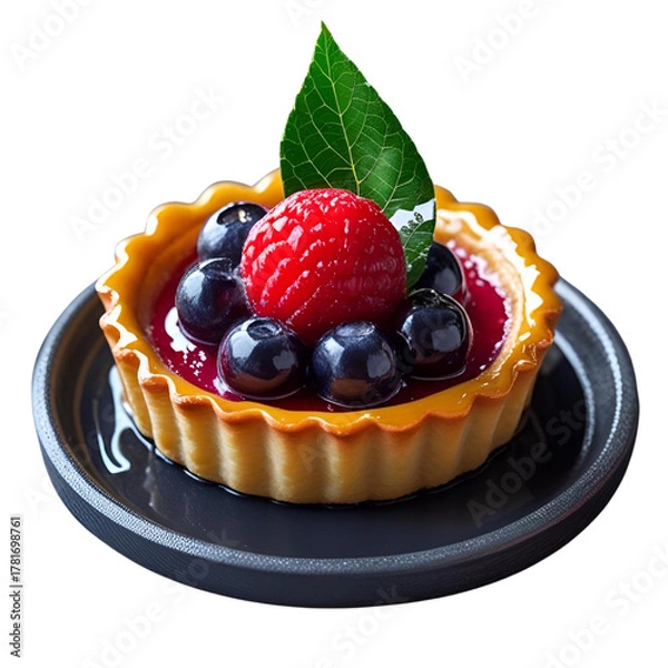 Obraz Berry tart with raspberries and blueberries on a plate.