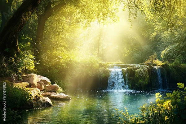 Fototapeta peaceful woodland pond shimmering under delicate streams of sunlight