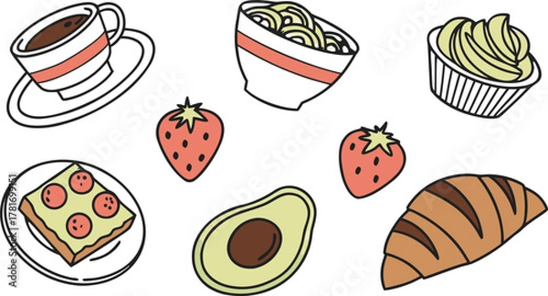 Fototapeta Trendy food clip art pack with coffee cups, croissants, avocado toast, cupcakes, and fruit bowls, colorful flat vector illustrations, transparent background