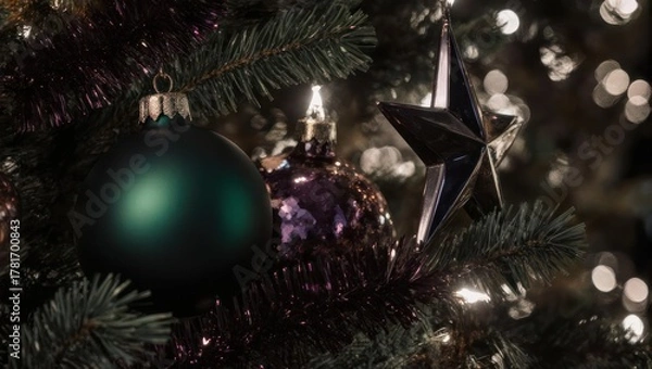 Fototapeta Christmas tree ornaments and lights create a festive atmosphere.