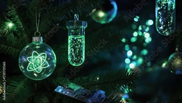 Fototapeta Christmas Tree Ornaments with Science Symbols and Glowing Lights.