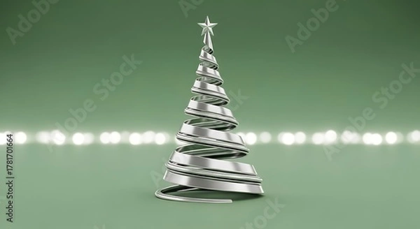 Fototapeta Modern Silver Christmas Tree with Star and Festive Bokeh Lights