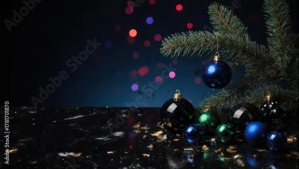 Fototapeta Christmas tree with blue ornaments and colorful lights on a dark background.