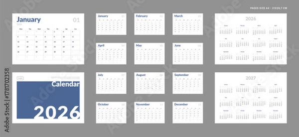 Fototapeta 2026 Calendar Planner Set of Template grid Monthly Page, Cover with Place for Photo, Company Logo, Annual 2026, 2027. Vector layout of wall or desk organizer ready print. Week start Monday. Pages A4