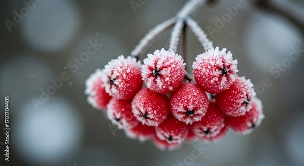 Fototapeta Vibrant red rowan berries covered in delicate white frost.
