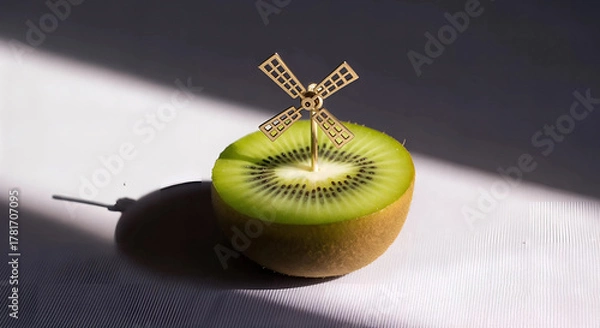 Fototapeta A golden windmill toy stands on a half kiwi fruit, casting a shadow