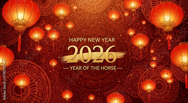 Fototapeta Happy new year 2026 year of the horse chinese new year celebration with lanterns