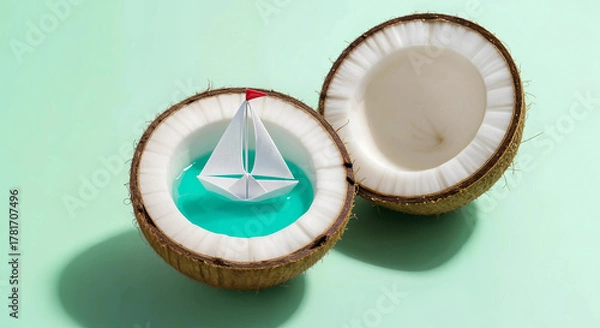 Fototapeta A small paper sailboat floats in a halved coconut filled with blue liquid