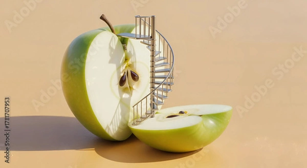 Fototapeta A spiral staircase emerges from a sliced green apple, symbolizing growth and discovery
