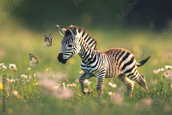 Fototapeta playful zebra foal chasing butterflies through the wildflowers
